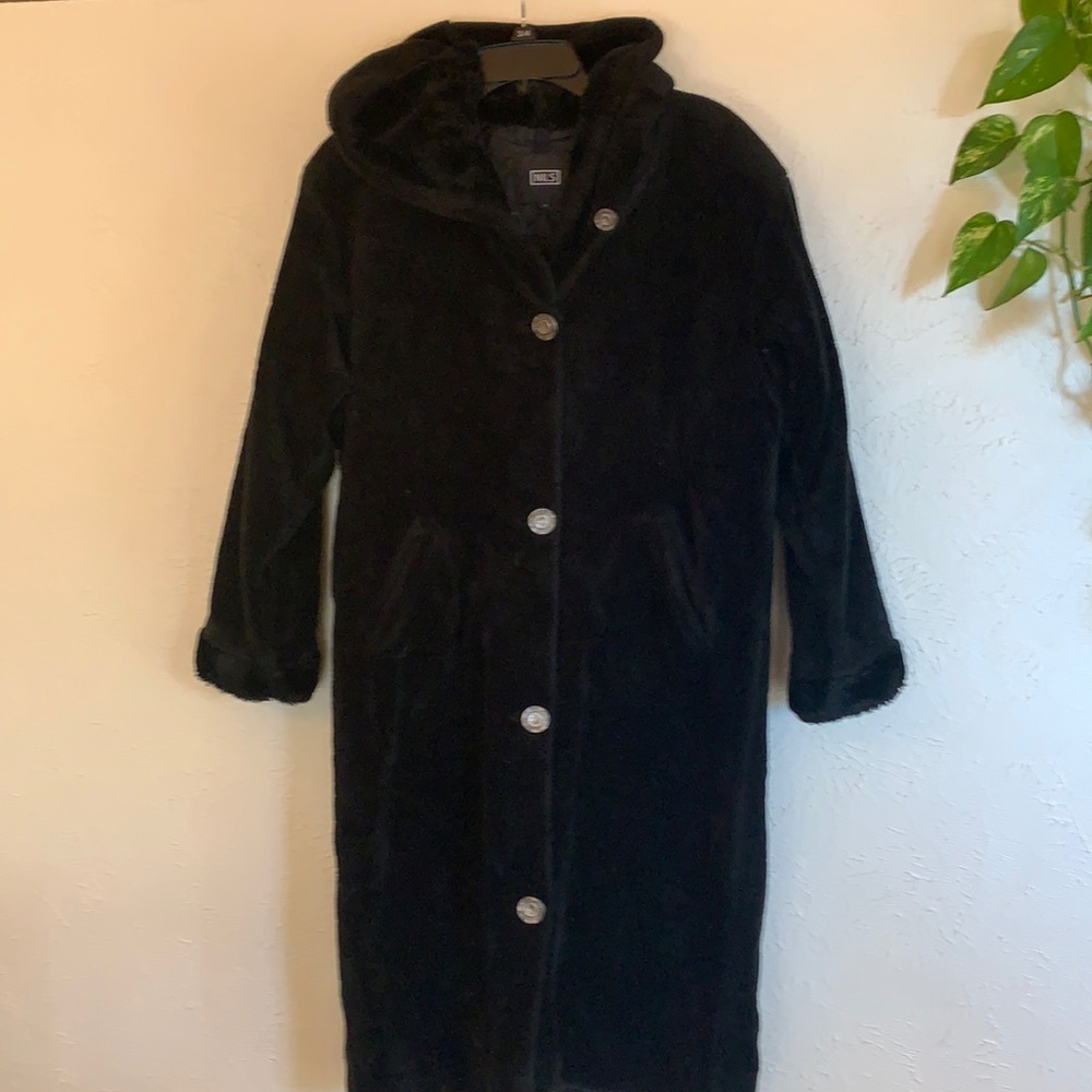 Nils Britta long black hooded coat. Small. Exc. Cond.